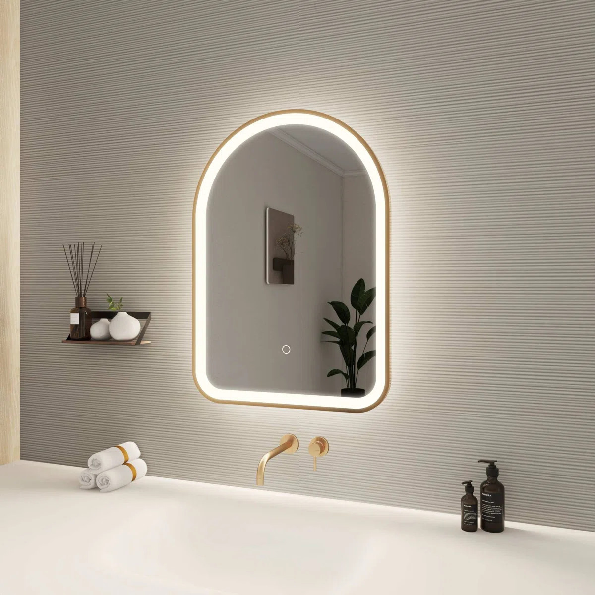 28 Inch Arch LED Front and Backlit Wall Mirror in Satin Gold | Wayfair North America