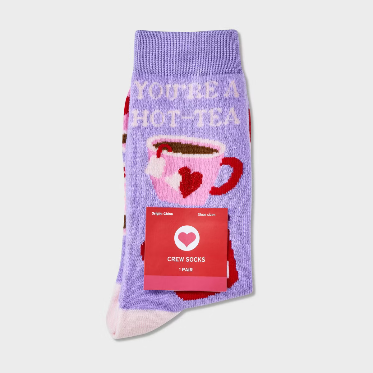 Women's 'You're a Hot-Tea' Valentine's Day Crew Socks - Purple/Pink 4-10 | Target
