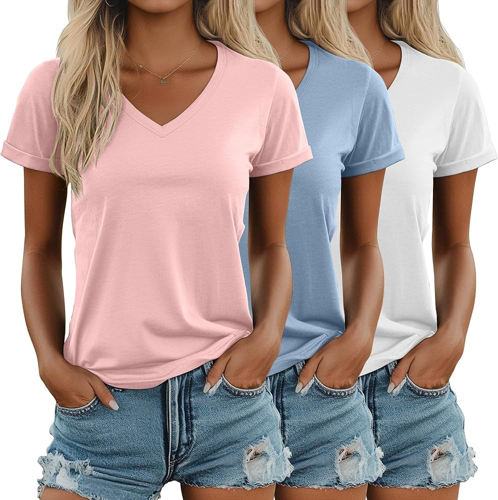 Ficerd 3 Pack Women's V Neck T Shirts, Summer Casual Short Sleeve Tops Loose Fit Rolled Sleeve Te... | Amazon (US)