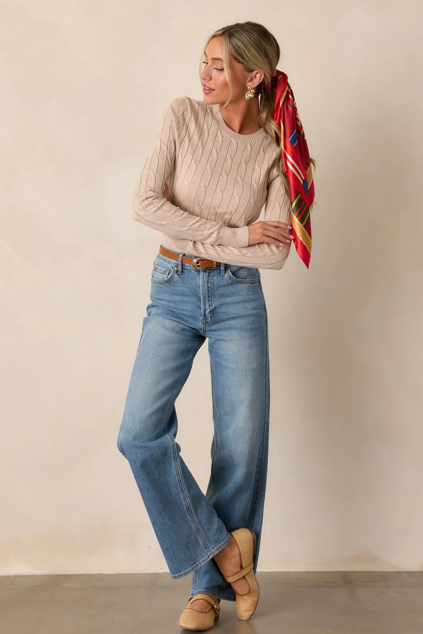Softly Spoken Beige Cable Knit Sweater | Red Dress