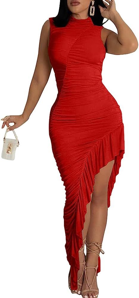 BEAGIMEG Women's Sexy Ruched Sleeveless Asymmetrical Ruffles Elegant Cocktail Evening Party Maxi ... | Amazon (US)