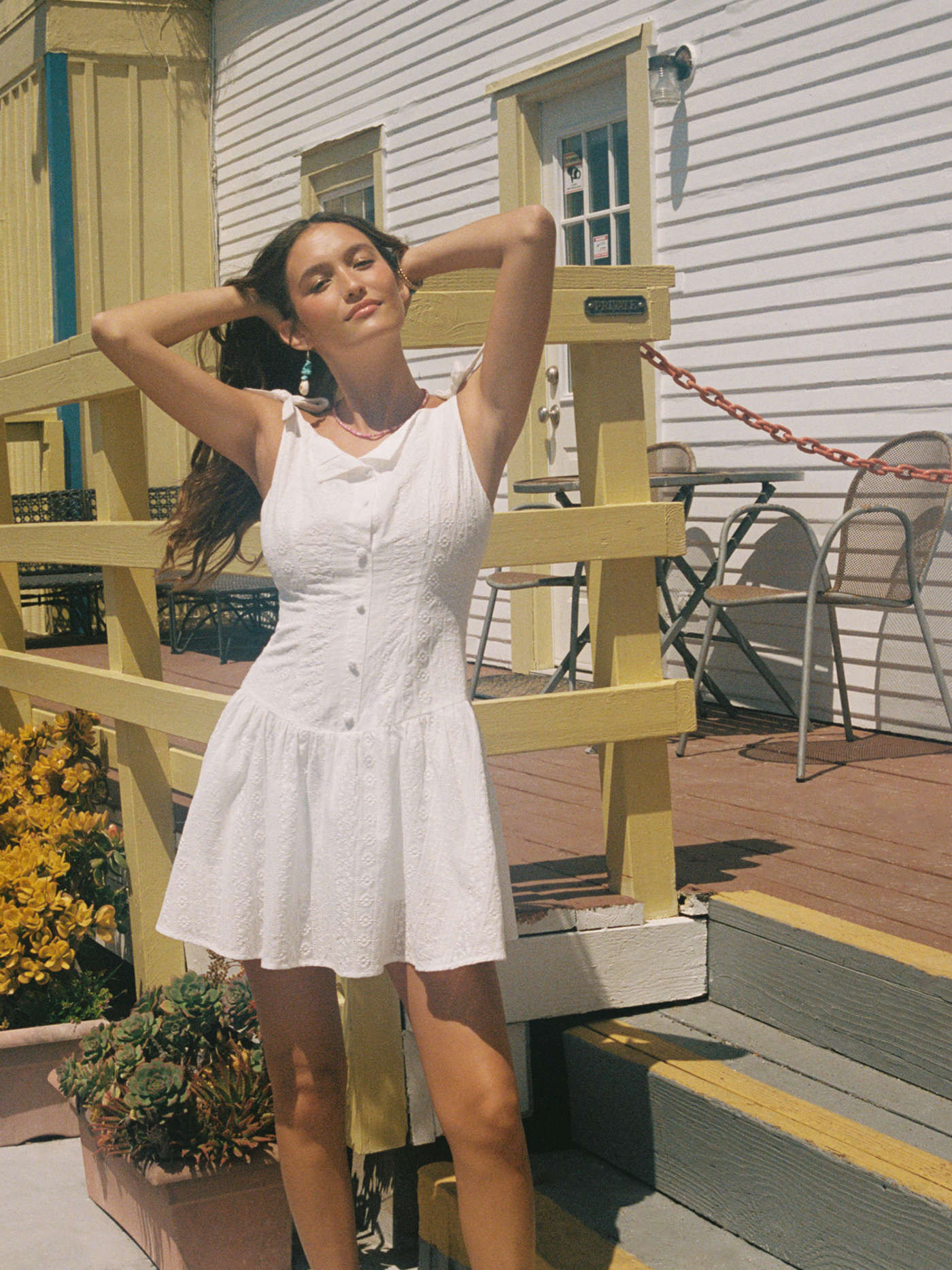 V-neck Floral Embroidery Bowknot Button Mini Dress | Cider