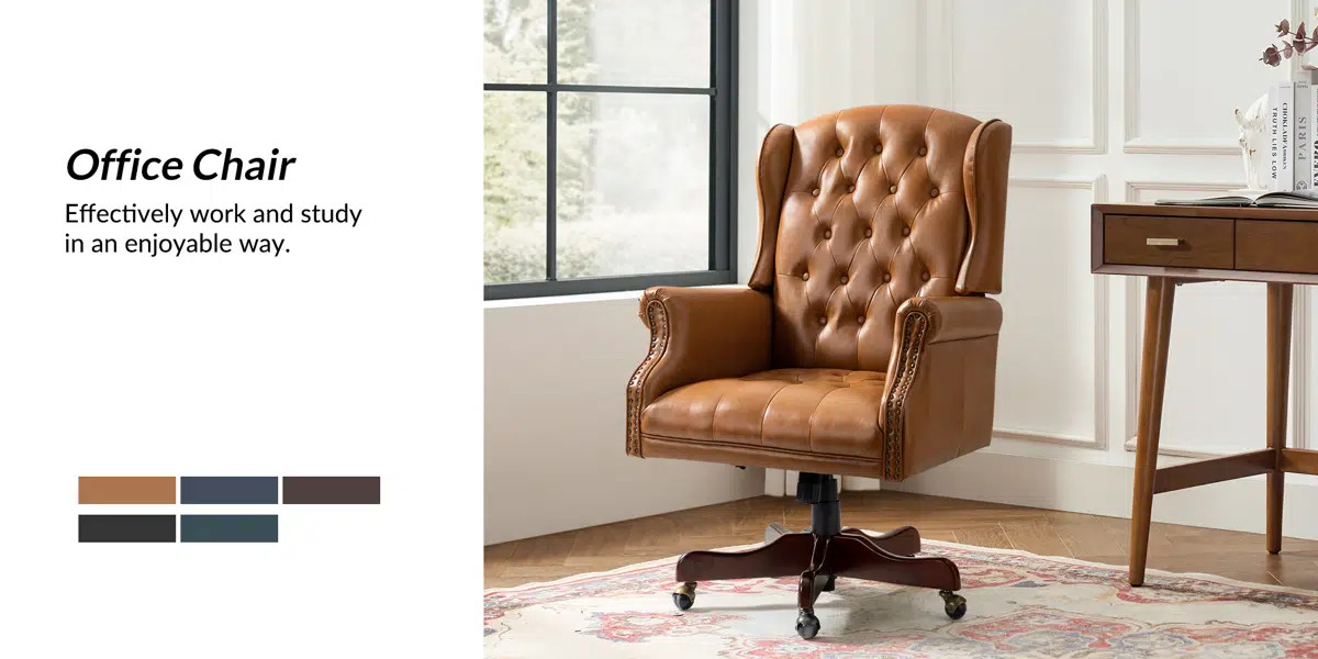 Swain 46.5'' H Traditional  Faux Leather Executive Chair with Solid Wood Base and Tufted Back | Wayfair North America
