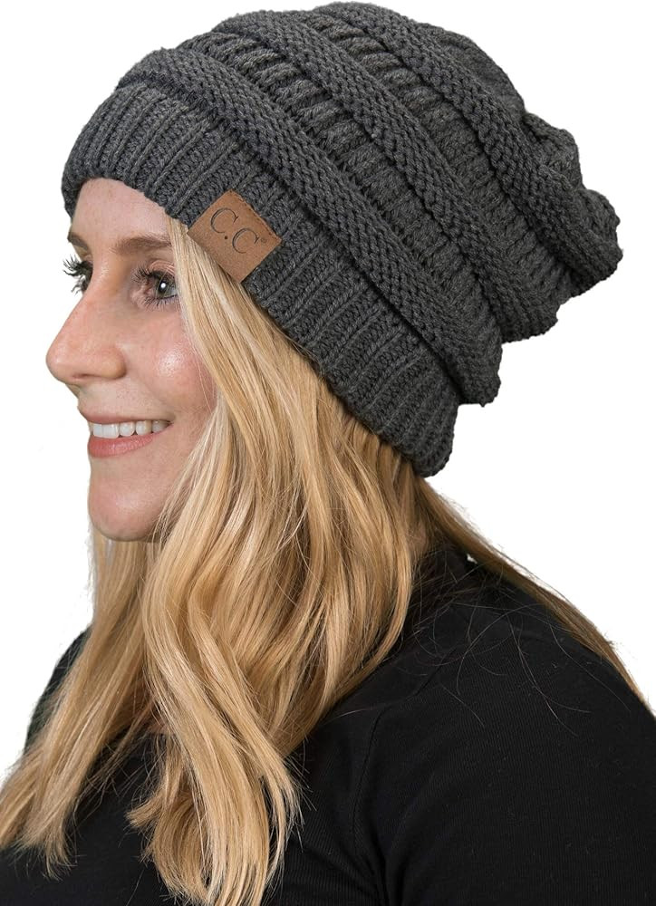 Funky Junque Solid Ribbed Beanie Soft Stretch Cable Knit Slouchy Hat Warm Skull Cap | Amazon (US)