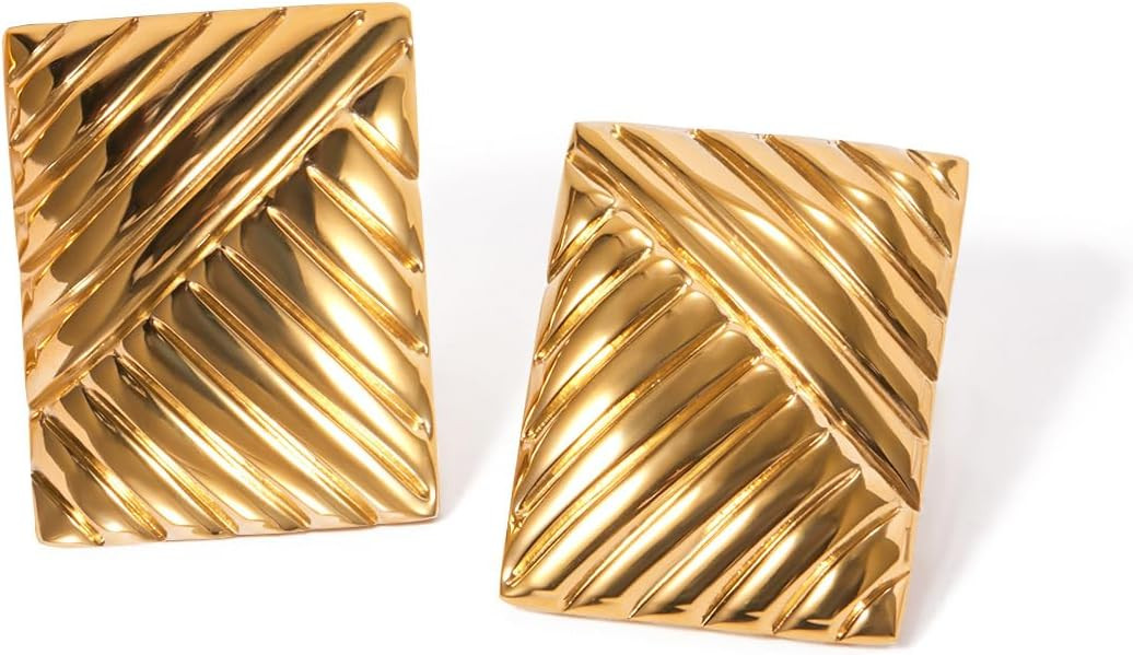Gold Rectangle Earrings for Women, 18k Gold Statement Earrings Chunk Textured Stud Earrings, Squa... | Amazon (US)