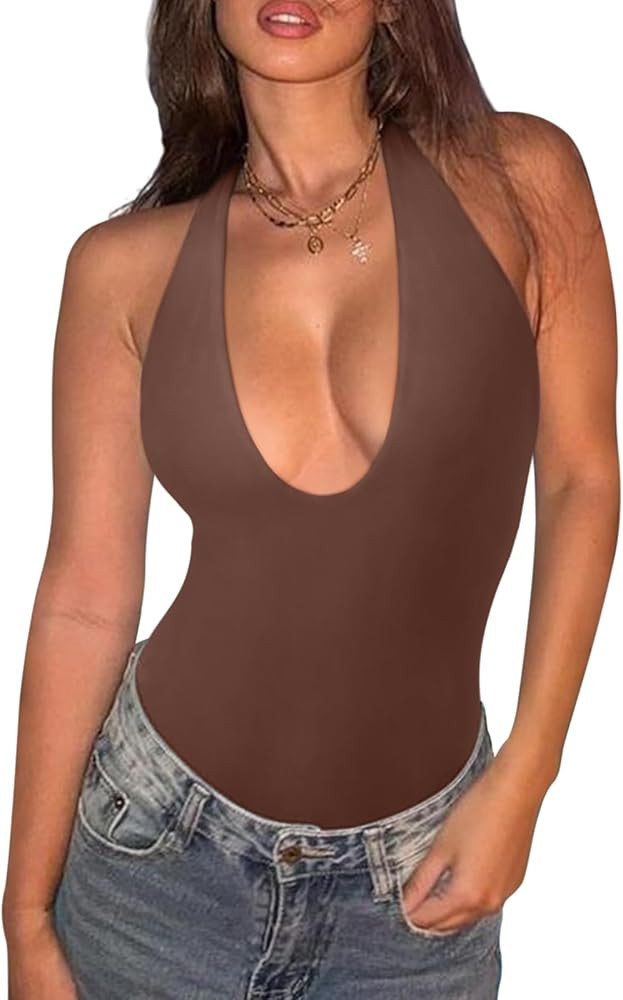 REORIA Bodysuits for Women Halter Tops 2025 Summer V Neck Backless Body Suits Tank Top Trendy Fas... | Amazon (US)