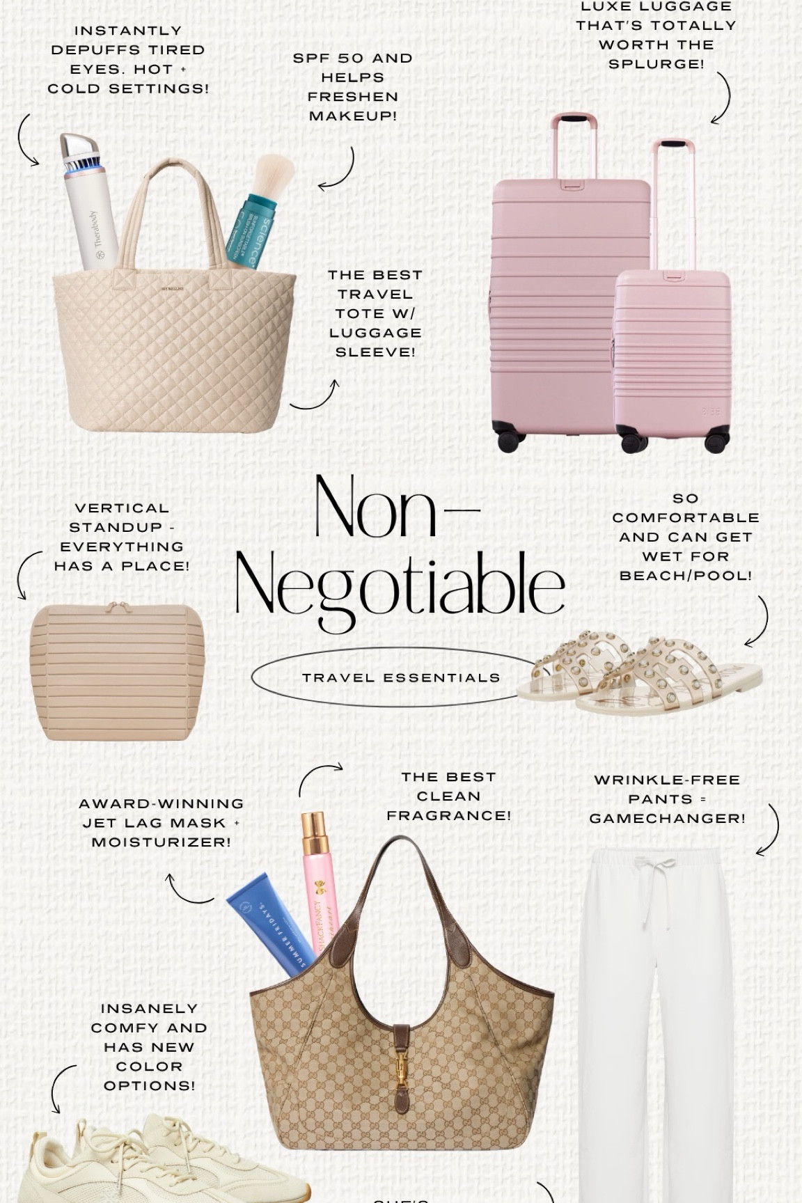 I travel a lot and these things make my trip and life so much better! Luxury and designer luggage, suitcases, totes and handbags. Wrinkle-free pants for travel and lounging. Comfortable sneakers and sandlas for summer. Toiletry bags and organizers. SPF 50 and moisturizer for face. Clean beauty, perfume and fragrances.


#LTKselfcare #LTKBeauty #LTKTravel