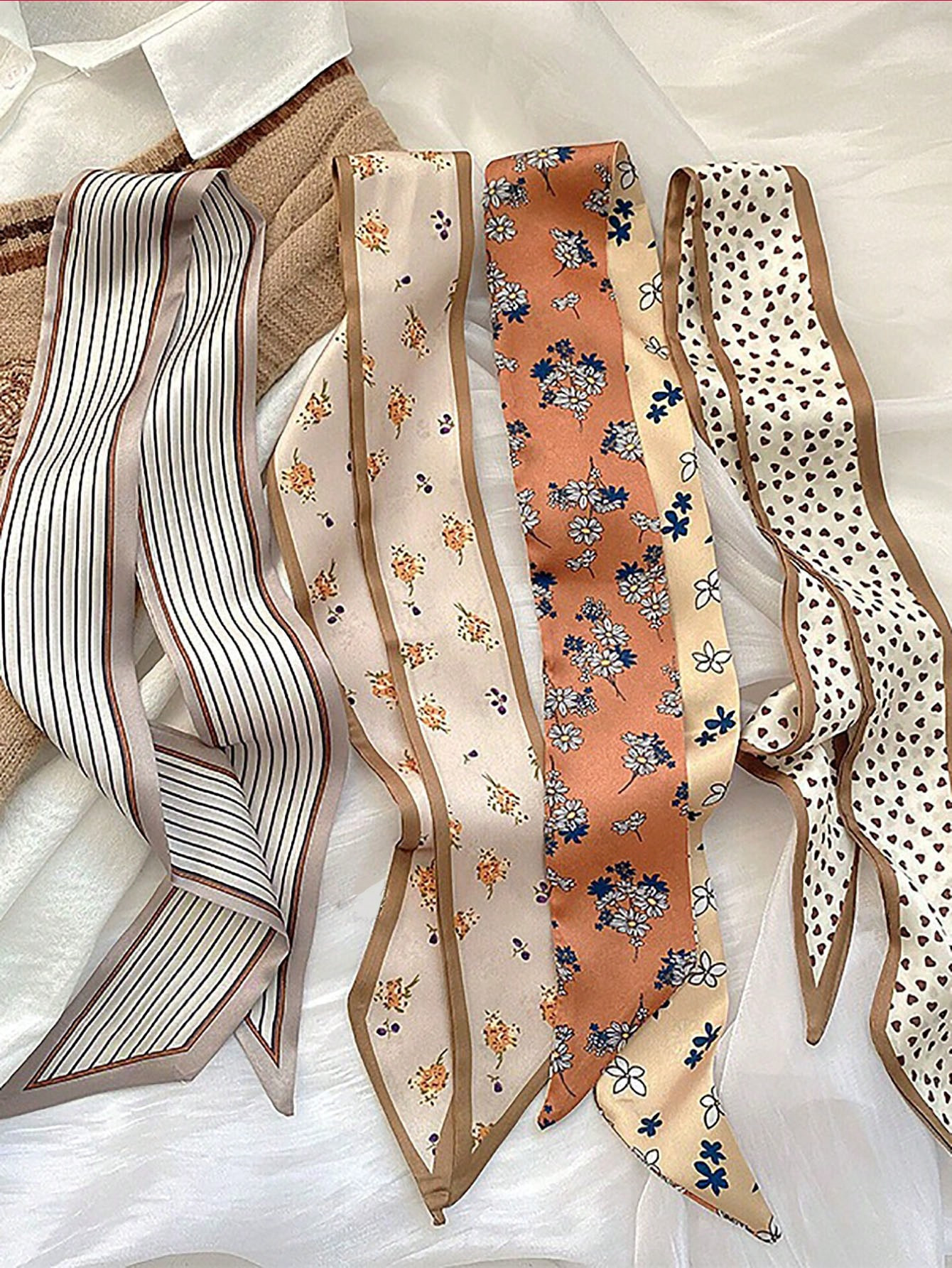 4pcs/Set Elegant Khaki Silk Scarves & Floral Pattern Hairbands & Stylish Hair Tie,  Multi-Use For... | SHEIN