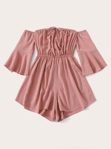 Solid Flounce Sleeve Tie Front Bardot Romper | SHEIN