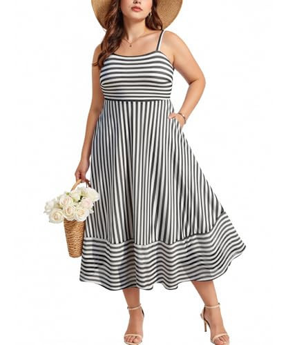 RITERA Plus Size Dresses Sleeveless Casual Dress with Pockets Black and White Striped Beach Midi Dresses Spaghetti Strap Flowy Dress Summer Mesh Square Neck A-Line Wedding Guest Sundress 5XL 26W 28W | Amazon (US)