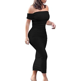 GOBLES Women's Ruched Off Shoulder Short Sleeve Bodycon Midi Elegant Cocktail Party Dress | Amazon (US)