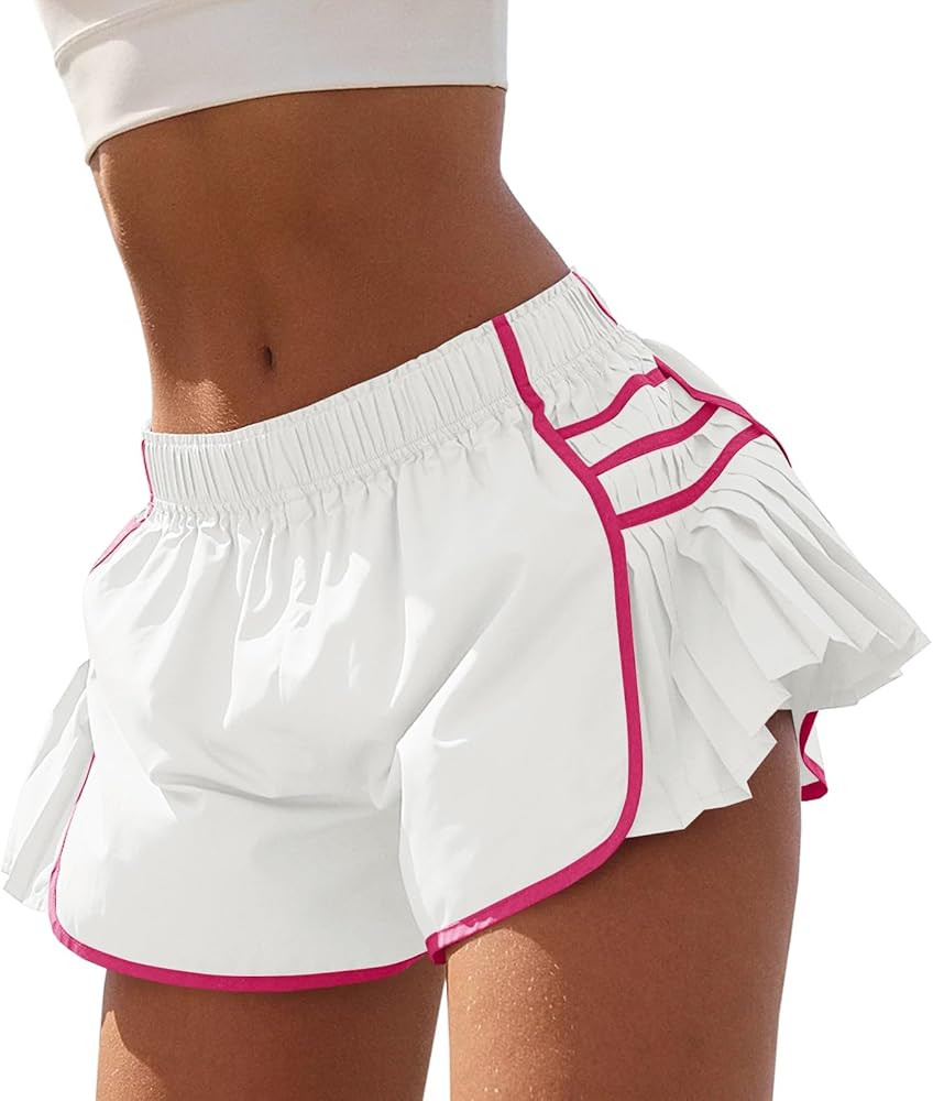 Fisoew Womens Workout Gym Shorts Running Pleated Contrast Stitch Elastic Waist Athletic Quick Dry... | Amazon (US)