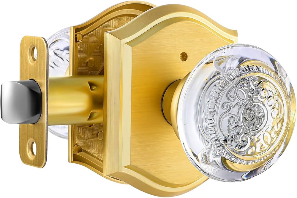 Crystal Glass Door Knob Interior with Lock, Privacy Gold Door Knob for Bedroom Bathroom, Satin Br... | Amazon (US)
