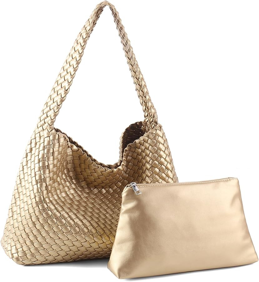 Woven Tote Bags for Women Soft Vegan Leather Shoulder Handbag Slouchy Hobo Bag with Vanity Purse | Amazon (US)
