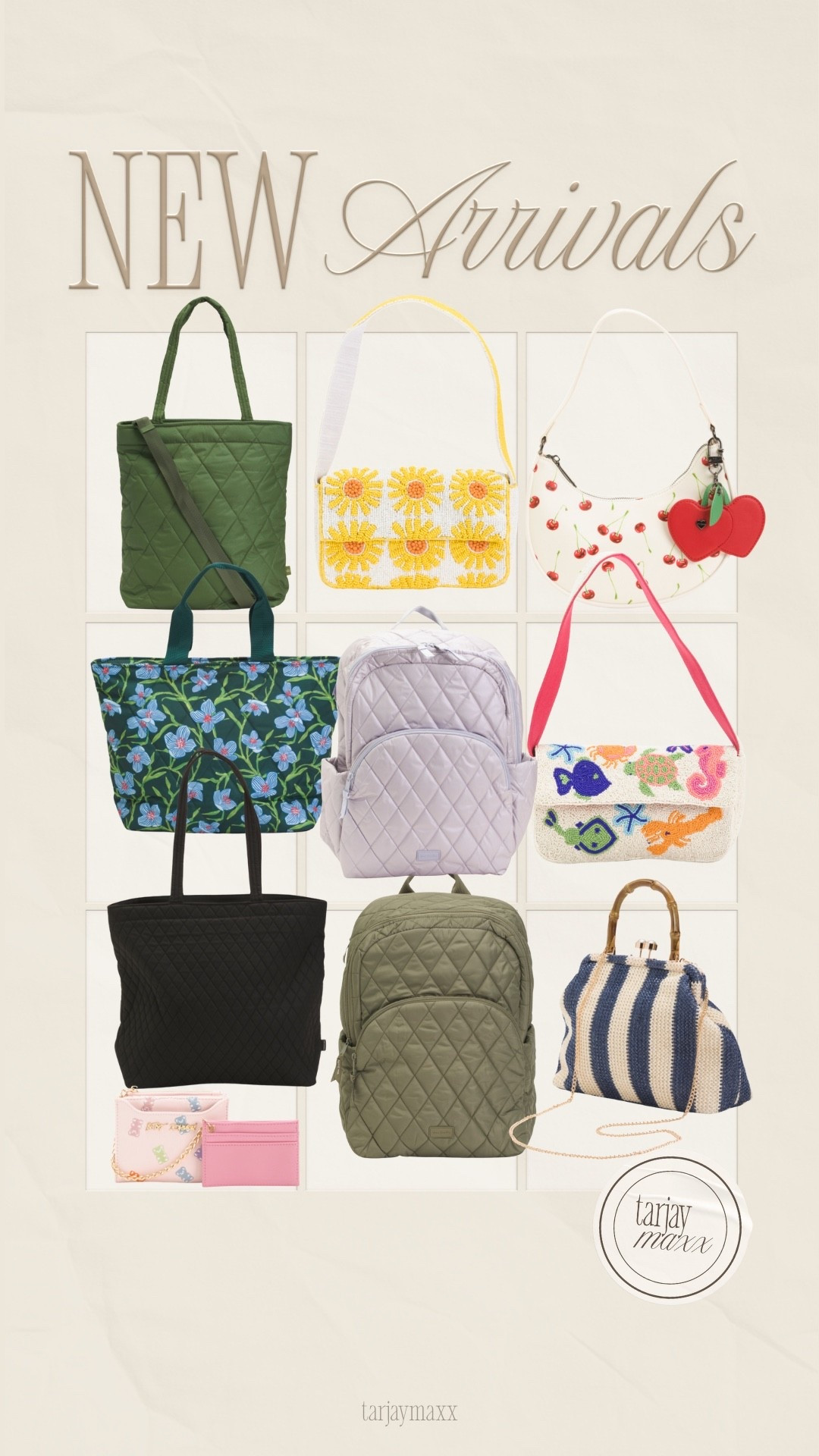 TJ Maxx is really bringing the heat with these new bag arrivals! I am so excited to see Vera Bradley making such a major comeback, especially with these classic heritage prints. I also found the most adorable cherry bag and some stunning beaded options that are giving all the spring break energy. Whether you are prepping for a vacation or just want a fun pop of color for the new season, these finds are absolute must-haves. date night outfits, bedroom refresh, bella stretch wide leg jeans, patterned tights, women's effortless pull-on pants - a new day, cabbage, super bowl hosting, pegasus premium running shoe, valentines outfit women, vacation outfits beach, new arrivals, handbags, fashion accessories, spring collection, summer bags, tote bags, backpacks, shoulder bags, purses, stylish bags, trendy accessories, boutique style, shopping haul

#LTKSaleAlert #LTKHome #LTKValentine