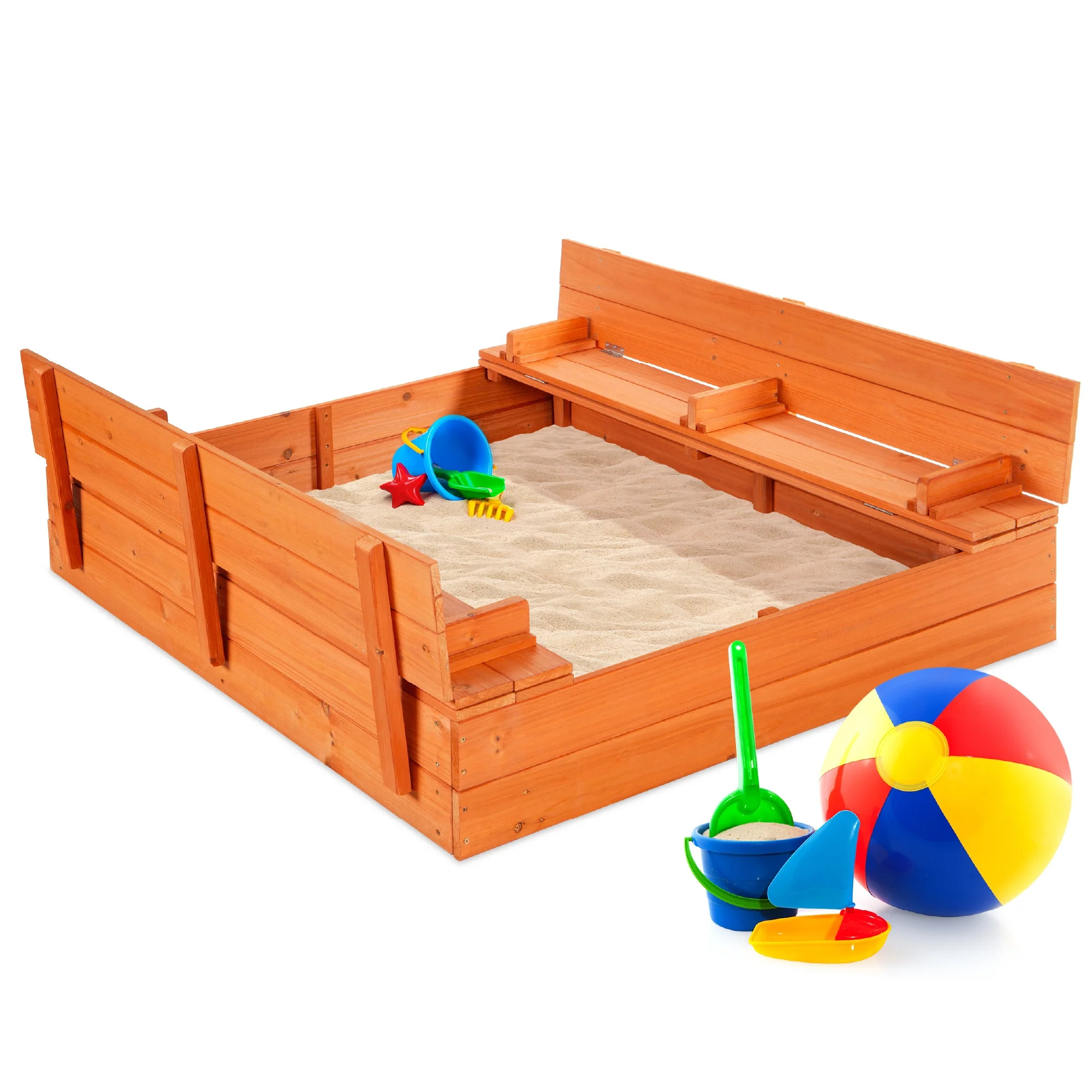 Best Choice Products 47x47-Inch Kids Wooden Outdoor Sandbox w/ 2 Foldable Bench Seats, Sand Prote... | Walmart (US)