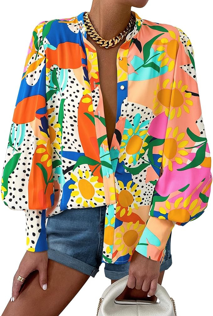 KIRUNDO Blouses for Women Dressy Casual Boho Floral Button Down Long Sleeve Shirts Lightweight Sp... | Amazon (US)