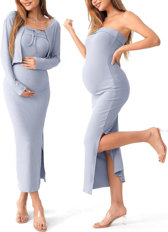 SUNNYBUY Baby Shower Maternity Tube Dress Short Cardigan Bodycon Ribbed Maxi Dress Casual 2 Piece... | Amazon (US)