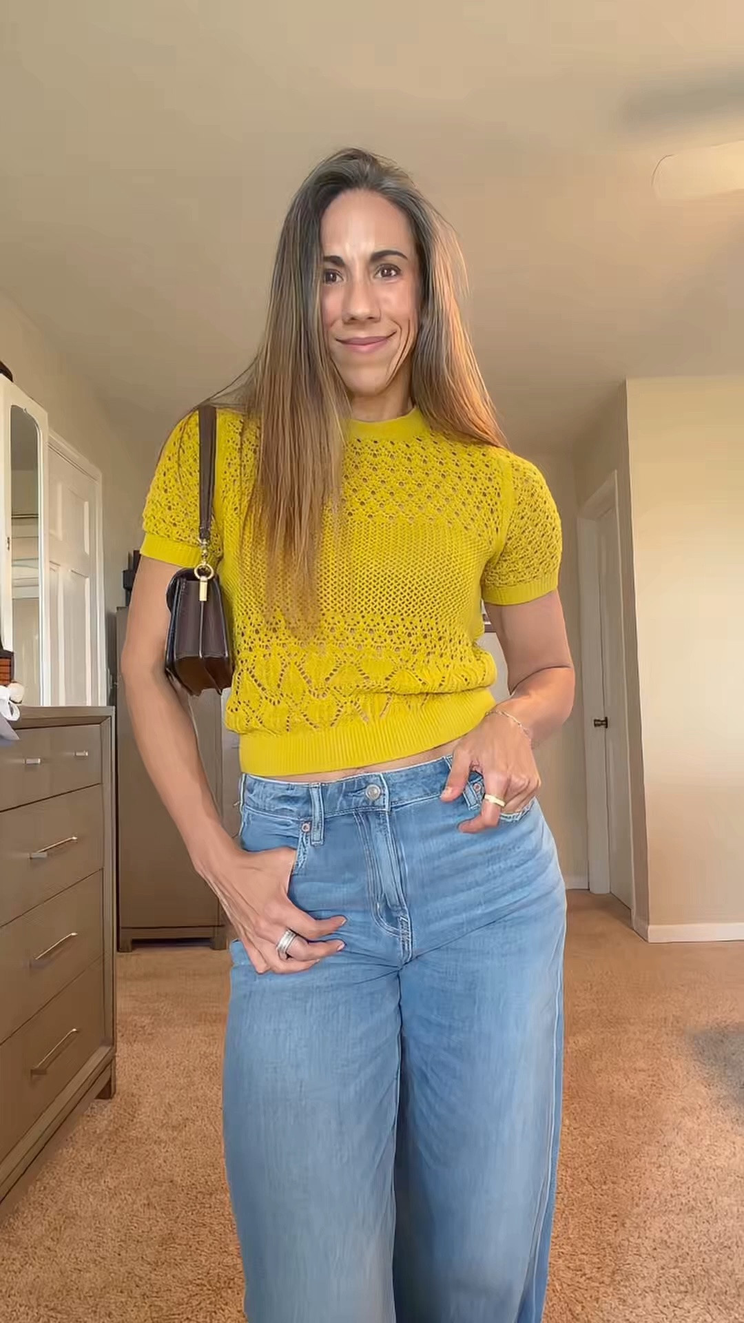 This COLOR. 💛 The easiest way to make denim feel a little less basic. The open-knit sweater + wide-leg jeans + sneakers is exactly the kind of outfit I’ll wear straight into fall.

Sweater: XS
Jeans: 2R
Shoes: 9
Accessories added ✨

#fallstyle #widelegjeans #knit #casualstyle #sneakers #over40 #ootd @Express @American Eagle Outfitters

#LTKootd #LTKmomlife #LTKOver40