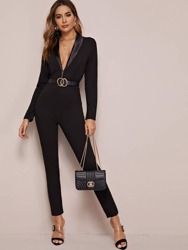 SHEIN Shawl Collar Plunging Skinny Jumpsuit Without Belt | SHEIN