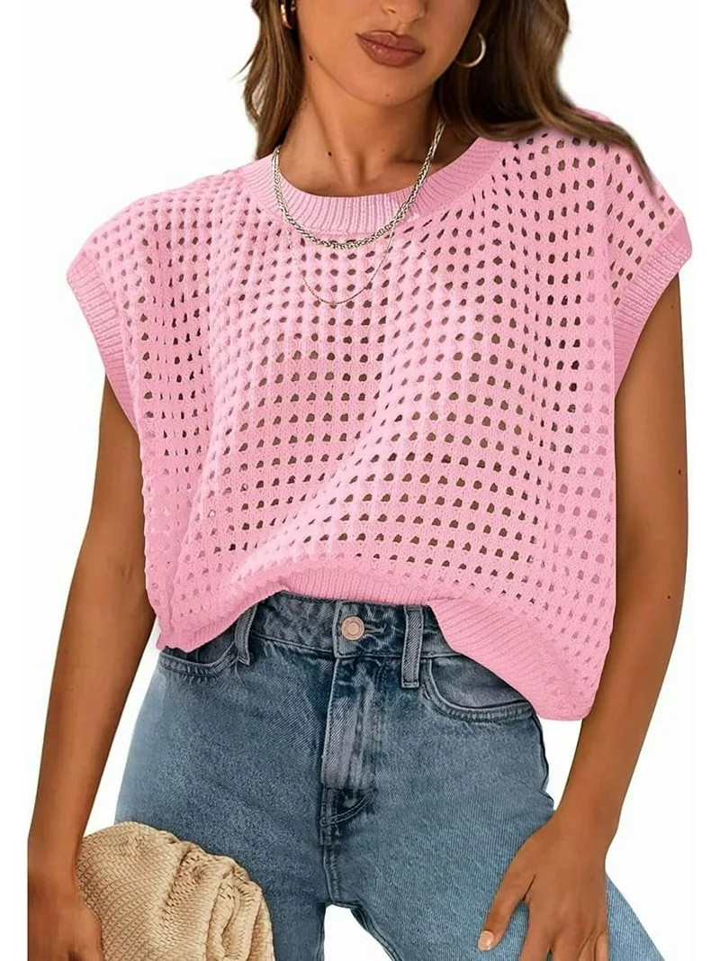 PRETTYGARDEN Womens Spring Tops Summer Shirts Crochet Cap Sleeve Sweater Pullover Cute Crew Neck ... | Walmart (US)