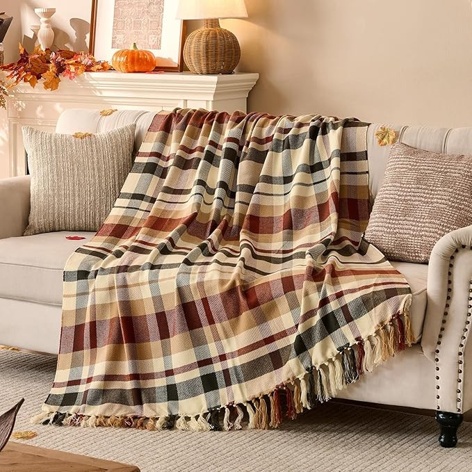 Lanpn Fall Plaid Throw Blanket, Cozy Soft Checked Blankets for Couch Sofa Bed, Decorative Acrylic... | Amazon (US)