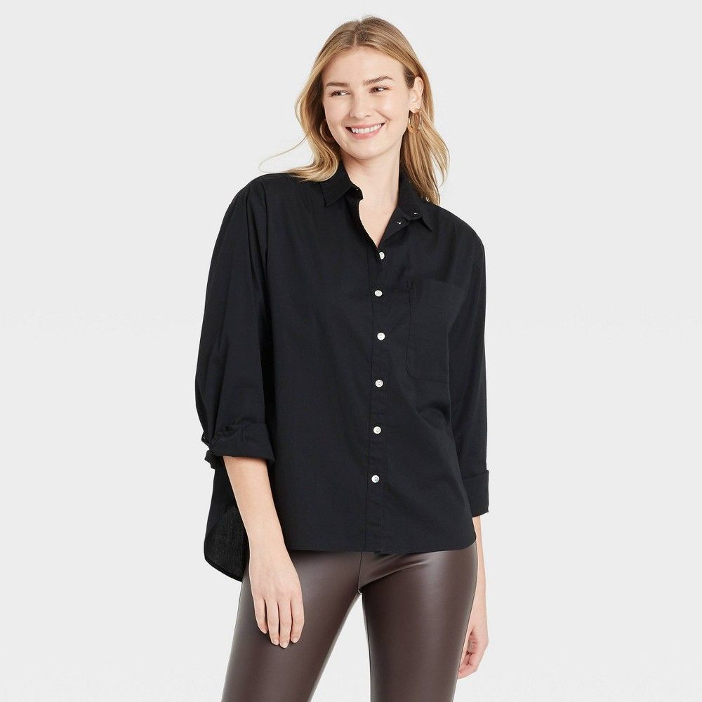 Women's Long Sleeve Button-Down Boyfriend Shirt - A New Day Black S | Target