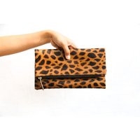 Leopard Fold Over Clutch, Giraffe Leopard Print Leather Calf Zipper Cow Hide Clutch | Etsy (US)