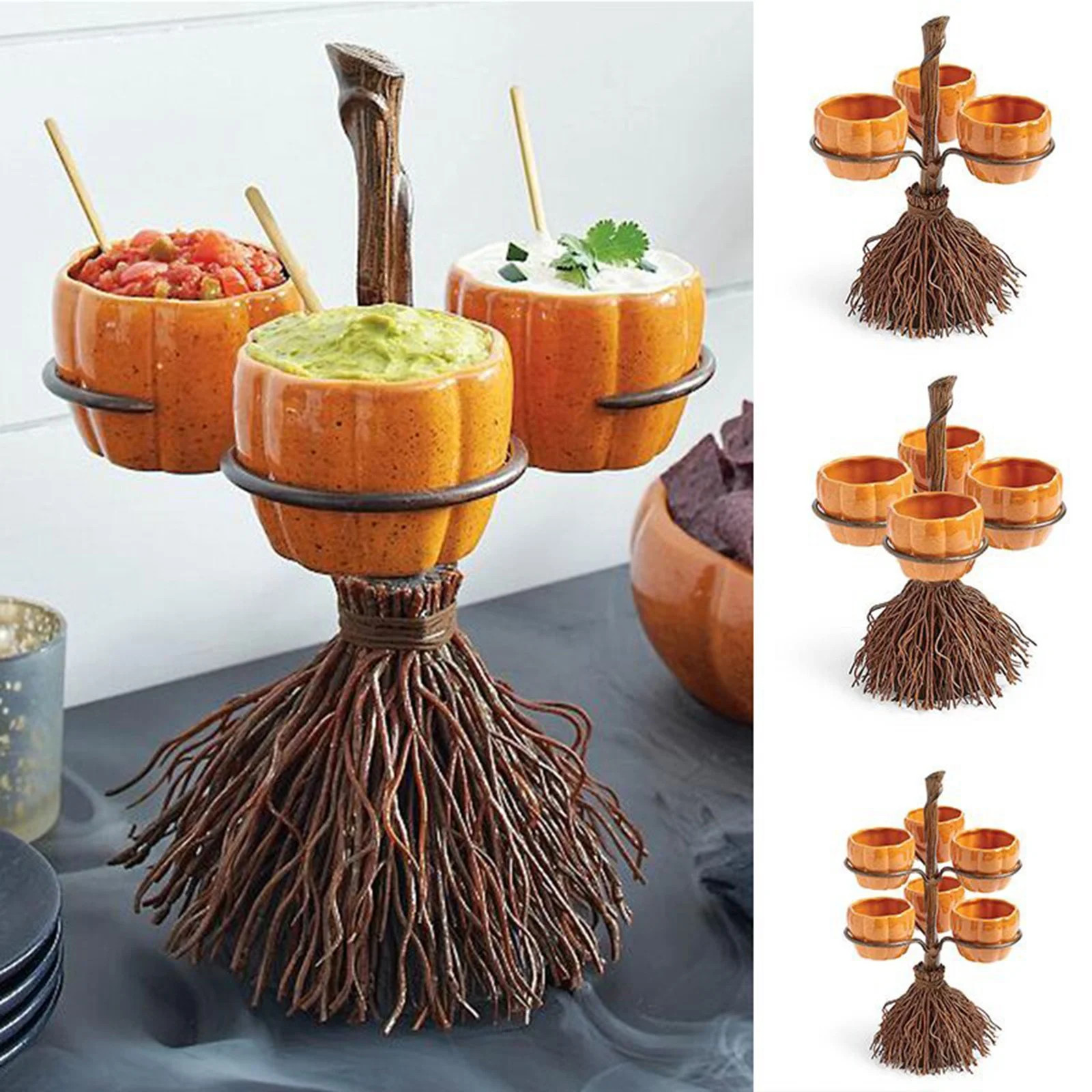 Pumpkin Snack Bowls on Broomstick Stand - Halloween Party Serving Tray with Removable Bowls for C... | Walmart (US)