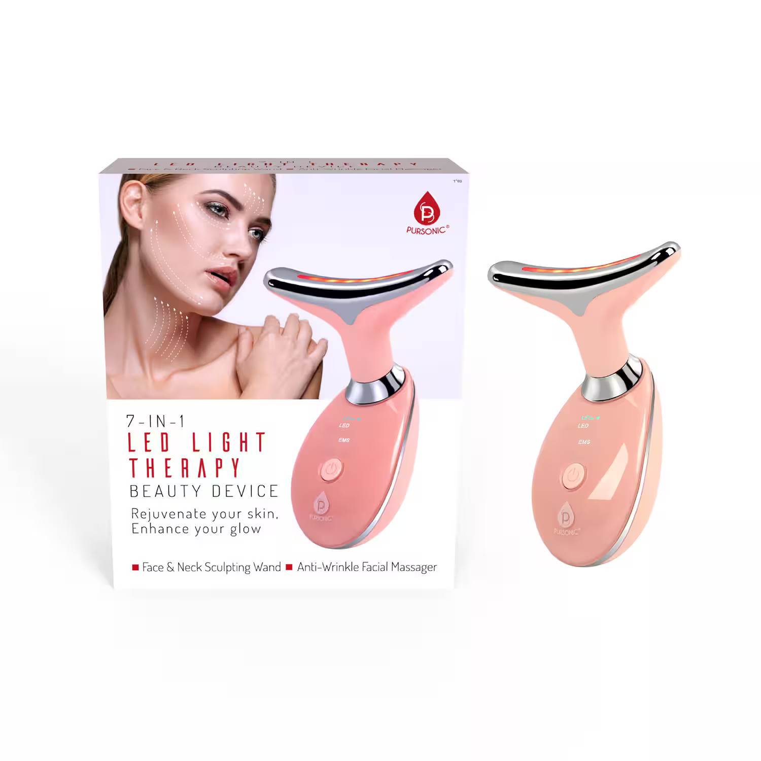 Pursonic - 7-in-1 LED Light Therapy Beauty Device - Red Light Therapy Face & Neck Sculpting Wand - Pink | Best Buy U.S.