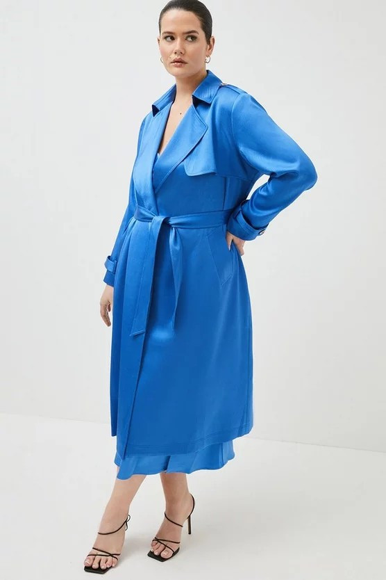 Curve Hammered Satin Woven Trench Coat | Karen Millen UK & IE