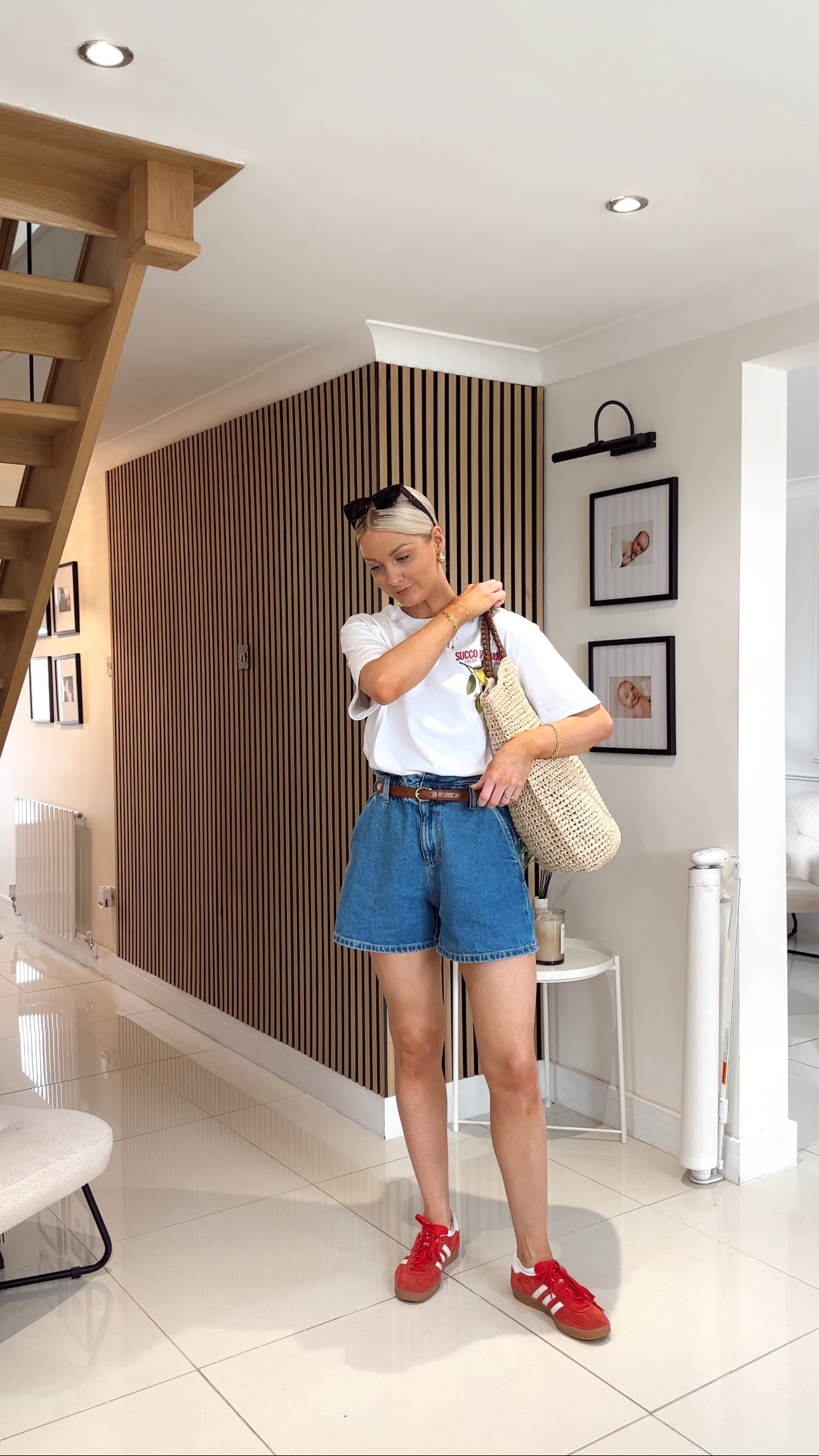 7 days of summer outfits WITHOUT wearing summer dresses 🌸 today, I have found the PERFECT denim shorts, elastic waist but still chic looking, cute little tan belt that comes with them, not too short and not too long and SUPER comfy! So chuffed I ordered these because I got a feeling they’ll be my go to shorts for the summer! 

Styling the denim shorts with this gorge oversized printed back tshirt, raffia and tan oversized tote bag, red adidas sambas and then of course my Monica Vinader gold jewellery and trusty Katie Loxton sunnies 👌🏻 

This is the PERFECT go to everyday summer outfit for those ‘non-mumsy’ everyday mum outfits ❤️ 

#LTKuk #LTKsummer #LTKstyletip