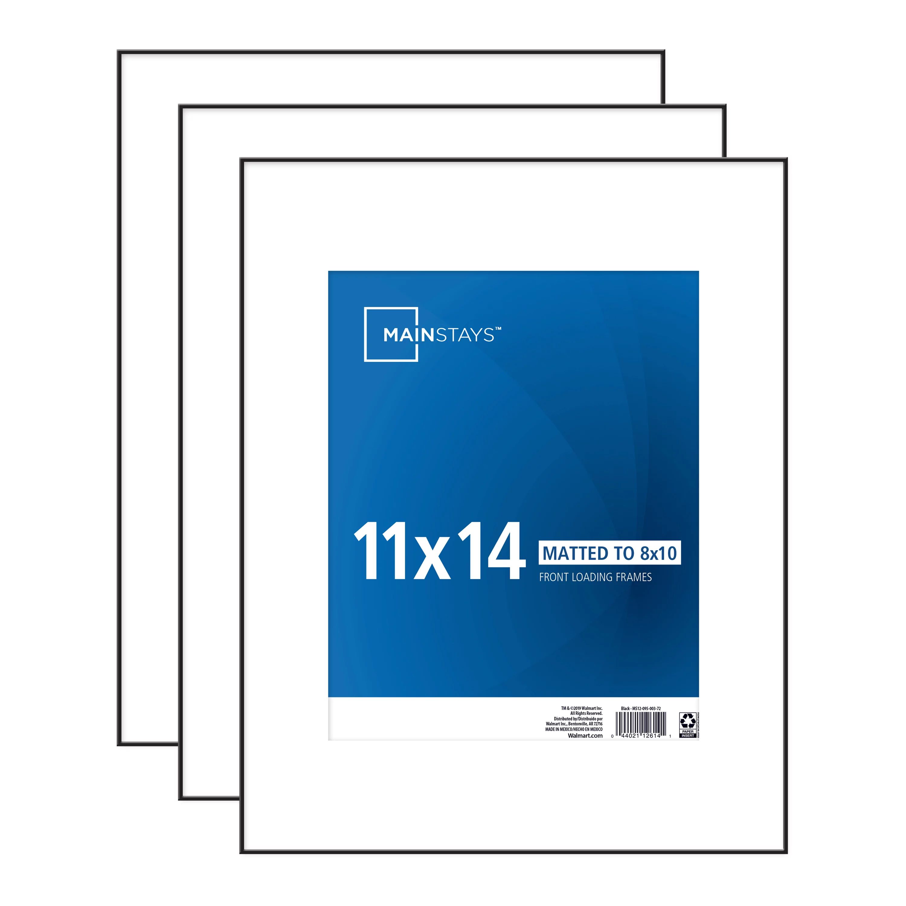 Mainstays 11x14 Matted to 8x10 Front Loading Picture Frame, Black, Set of 3 - Walmart.com | Walmart (US)