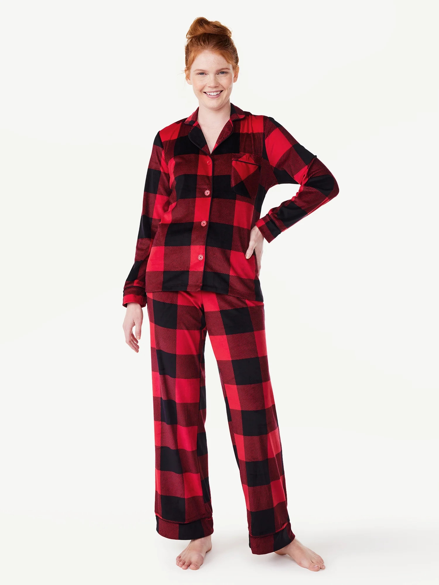 Joyspun Women’s Stretch Velour Notch Collar Top with Pants, 2-Piece Pajama Set, Sizes S to 3X | Walmart (US)