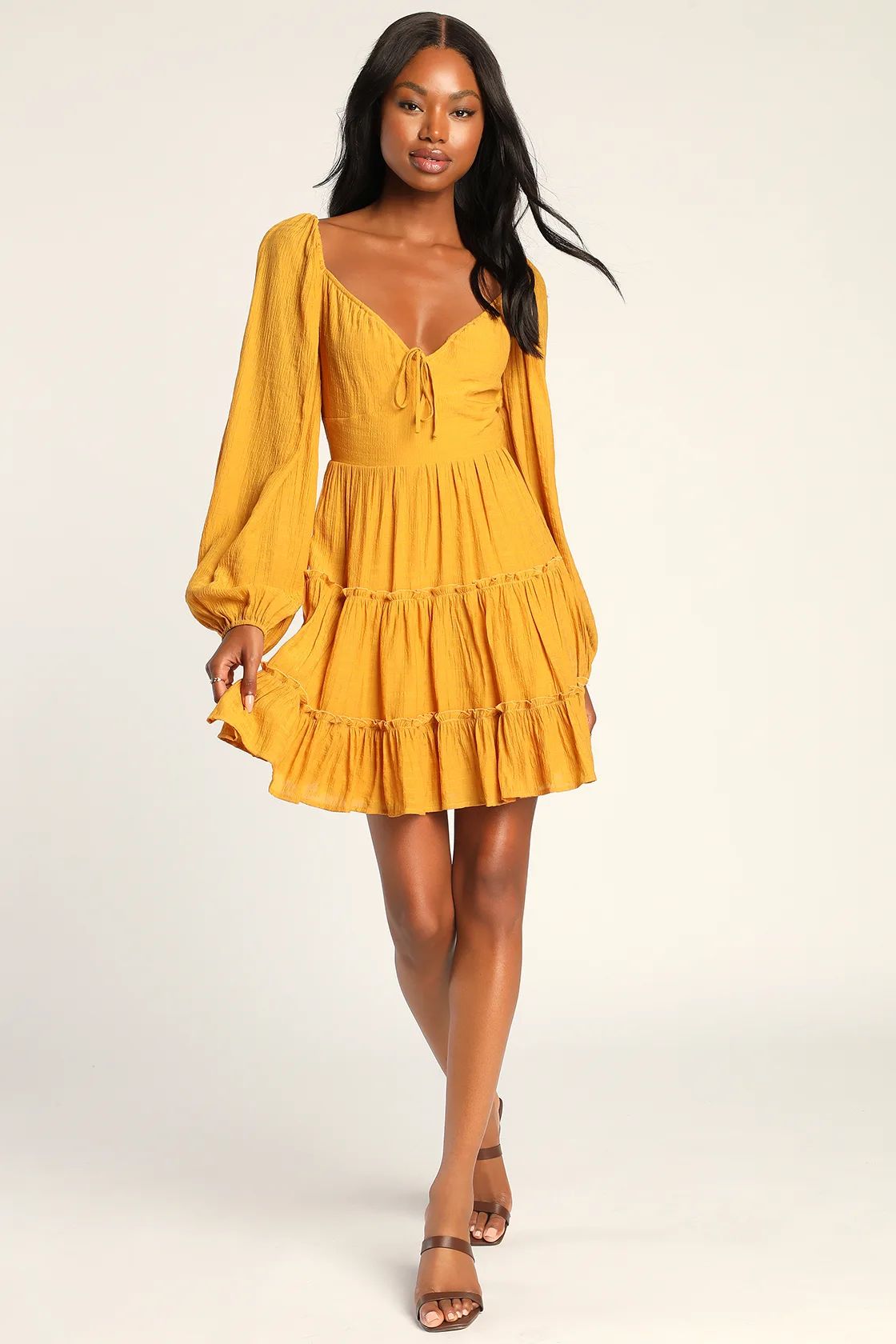 Tender Memories Yellow Tiered Ruffled Balloon Sleeve Mini Dress | Lulus (US)