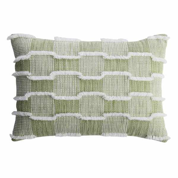 Green Checkered Woven Lumbar Outdoor Throw Pillow with Fringe, 14x20 | At Home