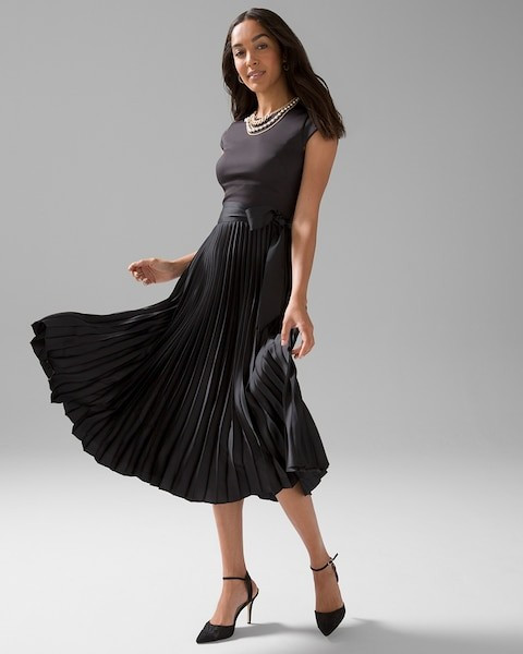 Scuba Knit & Satin Pleated Dress | White House Black Market