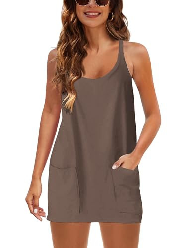Tanming Women's Athletic Tennis Dress with Built-in Shorts V-Neck Spaghetti Strap Summer Dress (LightCoffee-S) | Amazon (US)