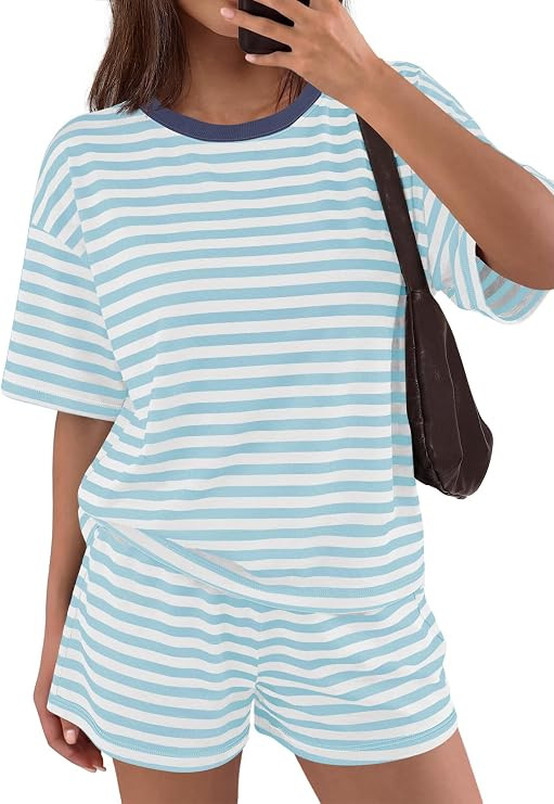 Panadila Womens Striped Short Set Summer Matching Lounge Set | Lightweight Breathable, Crew Neck ... | Amazon (US)