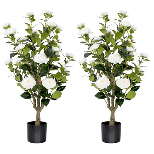 2 Pack 3FT Artificial Camellia Tree Fake Outdoor Tree with 28Blooming Flowers White Tree for Home Front Door Winter Christmas Indoor Decor | Amazon (US)