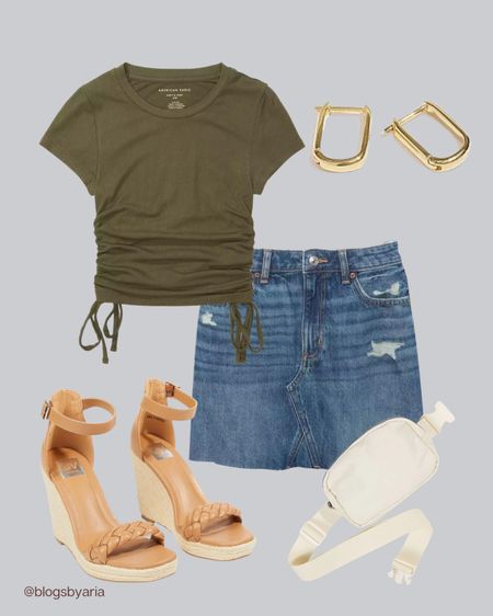 Spring casual outfit idea with side ruched tee paired with distressed denim skirt  

#LTKstyletip #LTKSeasonal #LTKFind