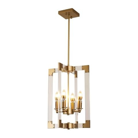 4-Light Modern Gold Chandelier, Hanging Pendant Light Fixture Rectangle Clear Brass Square Pendan... | Amazon (US)