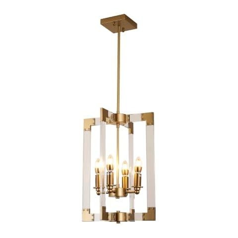 4-Light Modern Gold Chandelier, Hanging Pendant Light Fixture Rectangle Clear Brass Square Pendan... | Amazon (US)