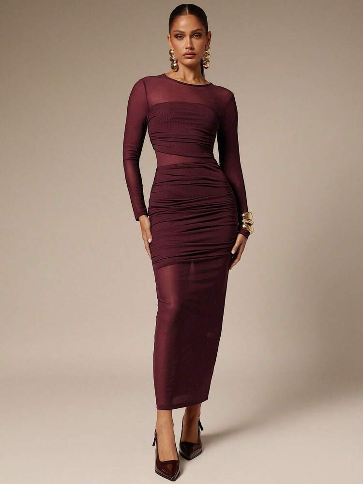 Silquee Women's Solid Color Round Neck Long Sleeve Pleated Mesh Fitted Dress Slim Fit Dress/Women's Birthday Dress/Women's Birthday Dress, Suitable For Daily, Dating, Going Out, Nightclub, Party, Autumn, Women's Autumn Dress,Fall Dresses For Women | SHEIN