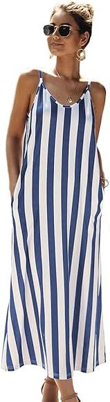 Summer Dress Maxi for Women Boho Sleeveless Summer Spaghetti Strap Striped Casual Loose Beach Dre... | Amazon (UK)