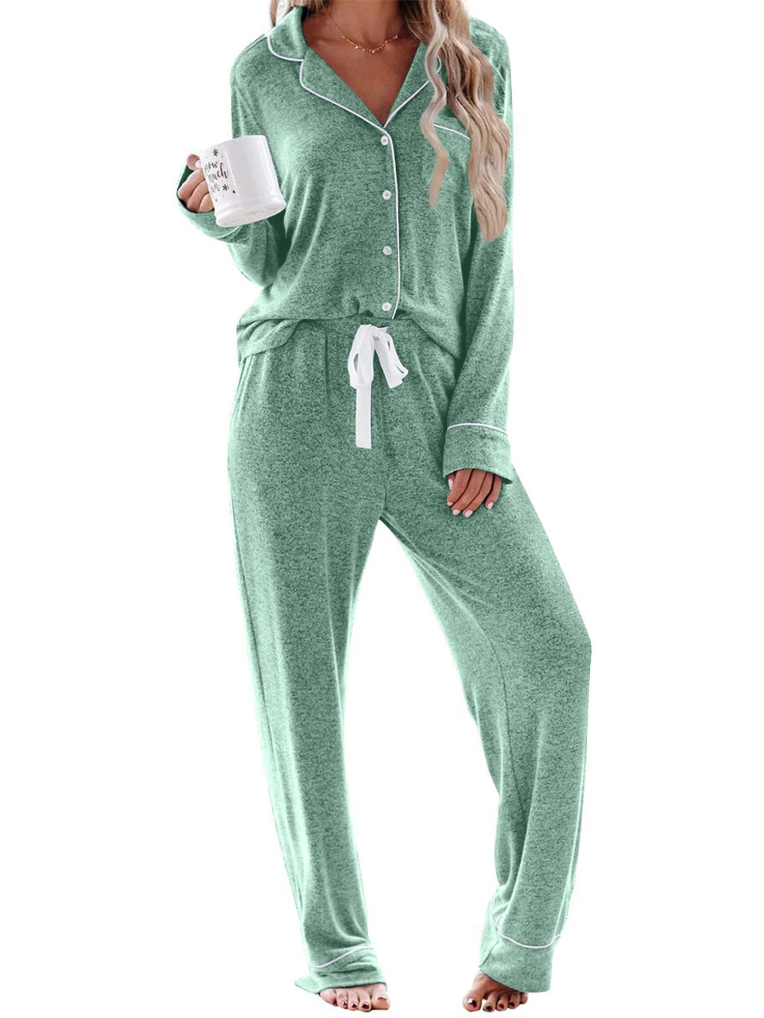 UVN Womens Pajama Sets Long Sleeve Top and Long Pants Soft Pjs Sleepwear Ladies Button Down Loung... | Walmart (US)