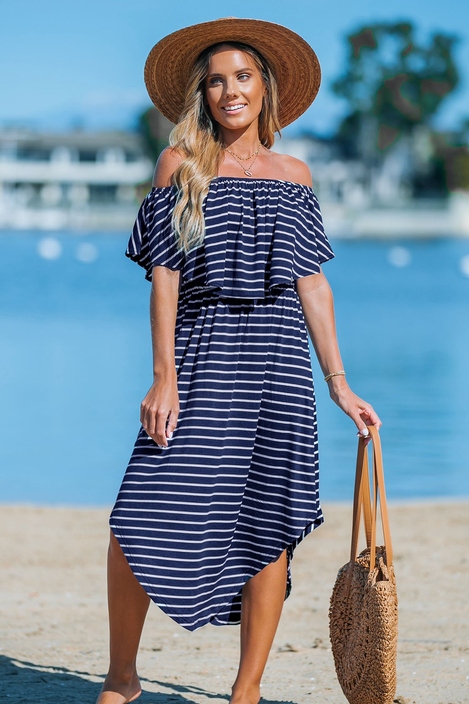 Navy-and-White Stripe Off-Shoulder Flounce Bodice Midi Dress | Cupshe US