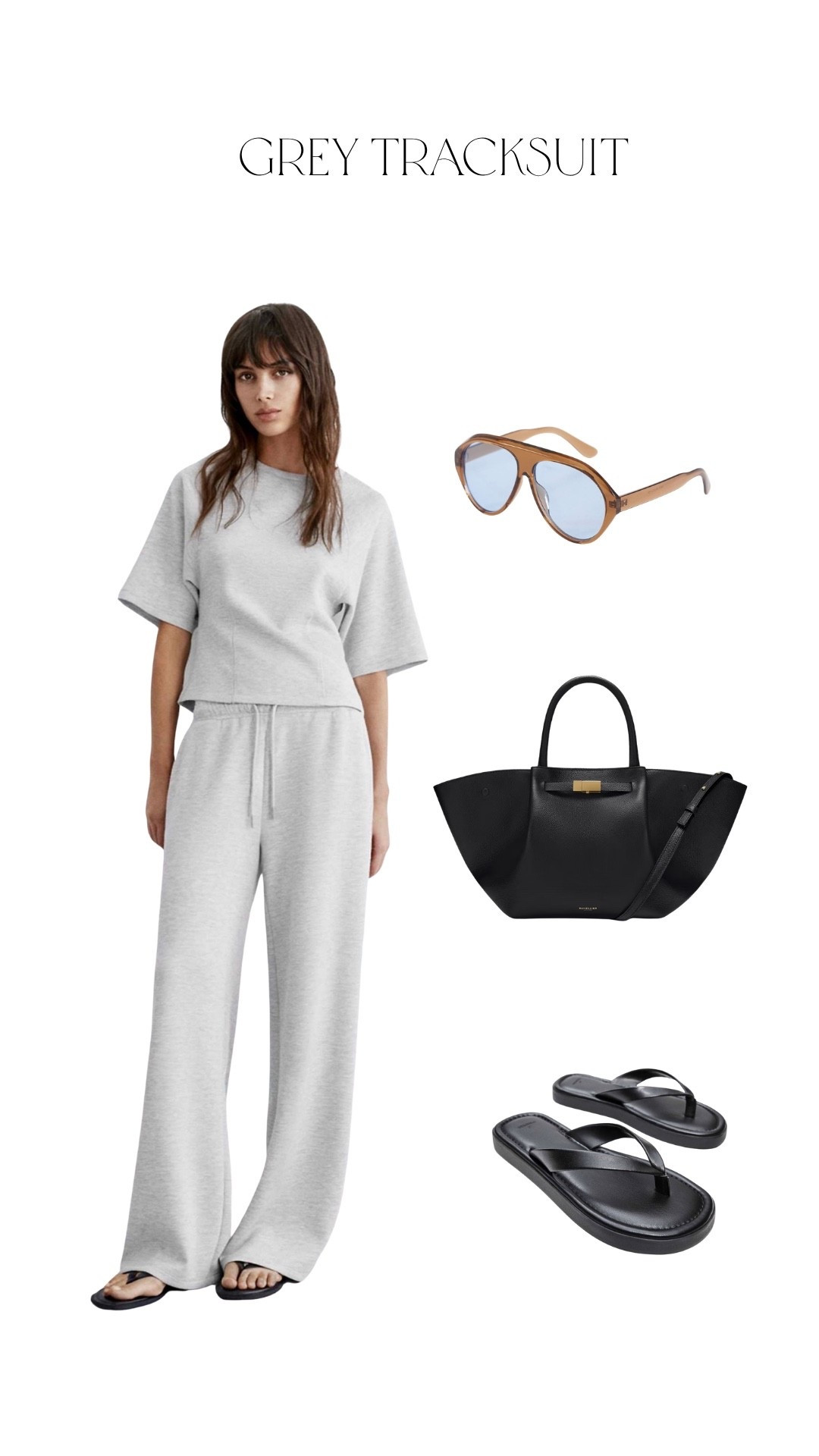 Casual everyday spring outfit inspo. A grey tracksuit , simple black sandals and oversized aviators 

#LTKstyletip #LTKsummer #LTKspring