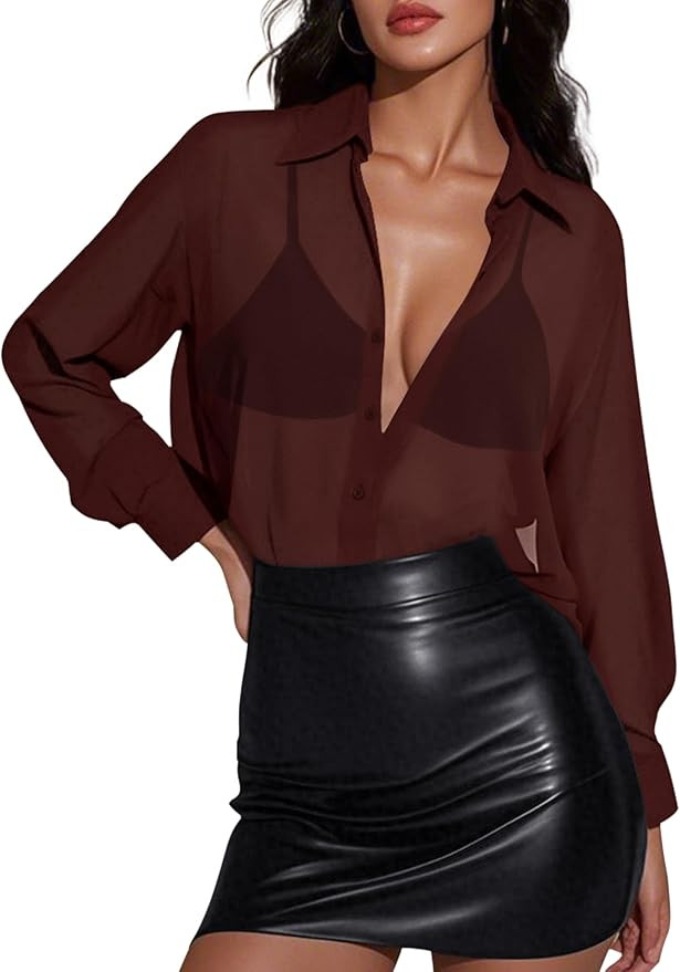 Prettywear Women Sheer Long Sleeve Tops See Through Mesh Oversized Blouses Sexy Trendy Button Dow... | Amazon (US)