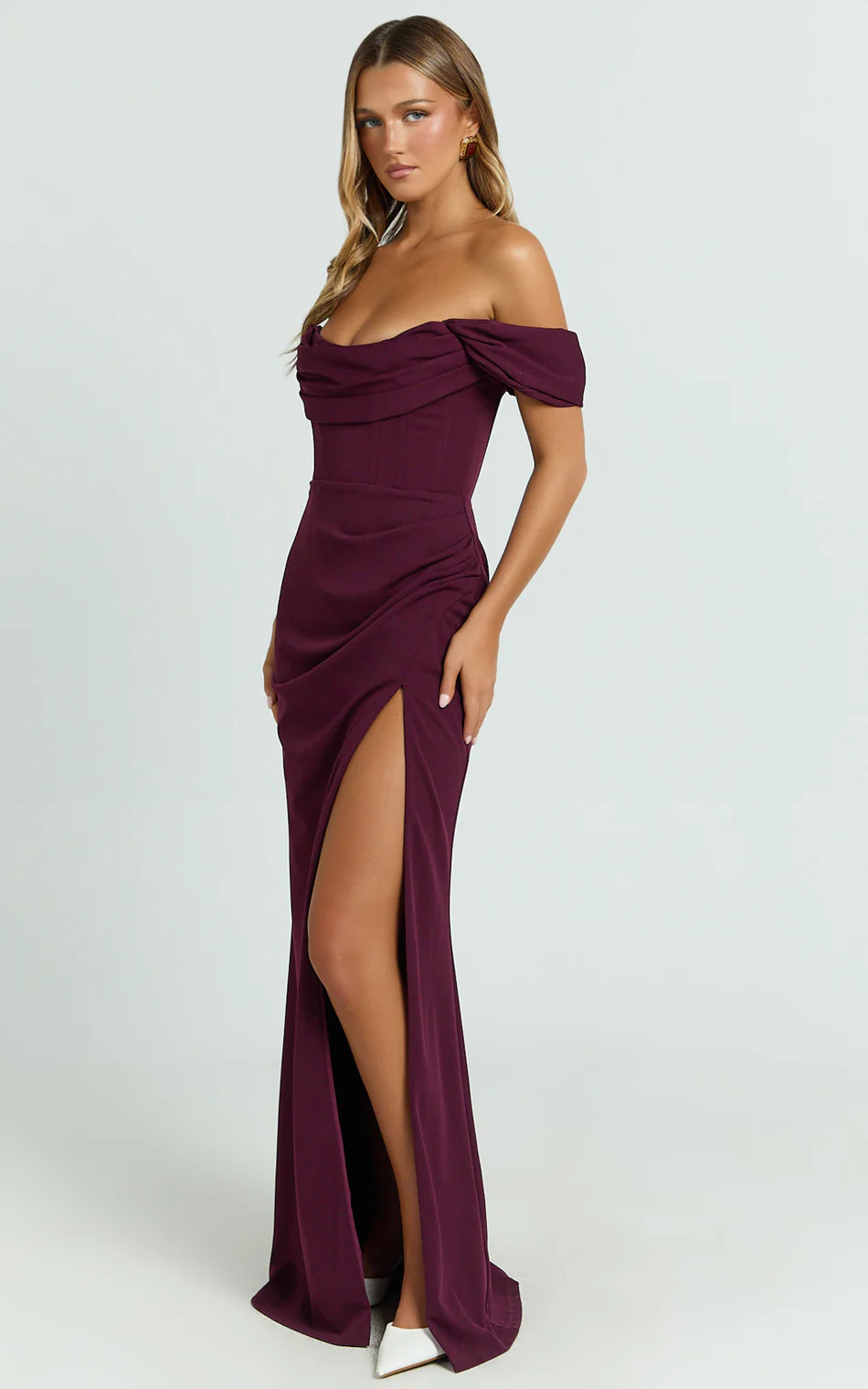 Marcel Maxi Dress - Off Shoulder Corset High Split Dress in Wine | Showpo (US, UK & Europe)